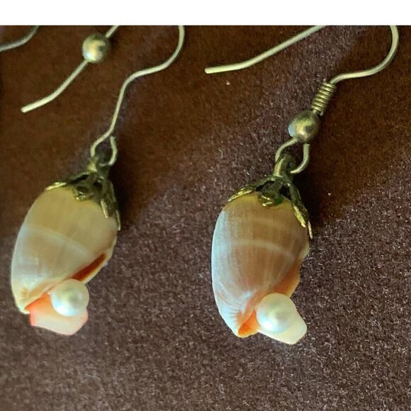 Vintage Glass, Shell and Gemstone Hook earrings, SET of 3, Unmarked - Picture 3 of 4